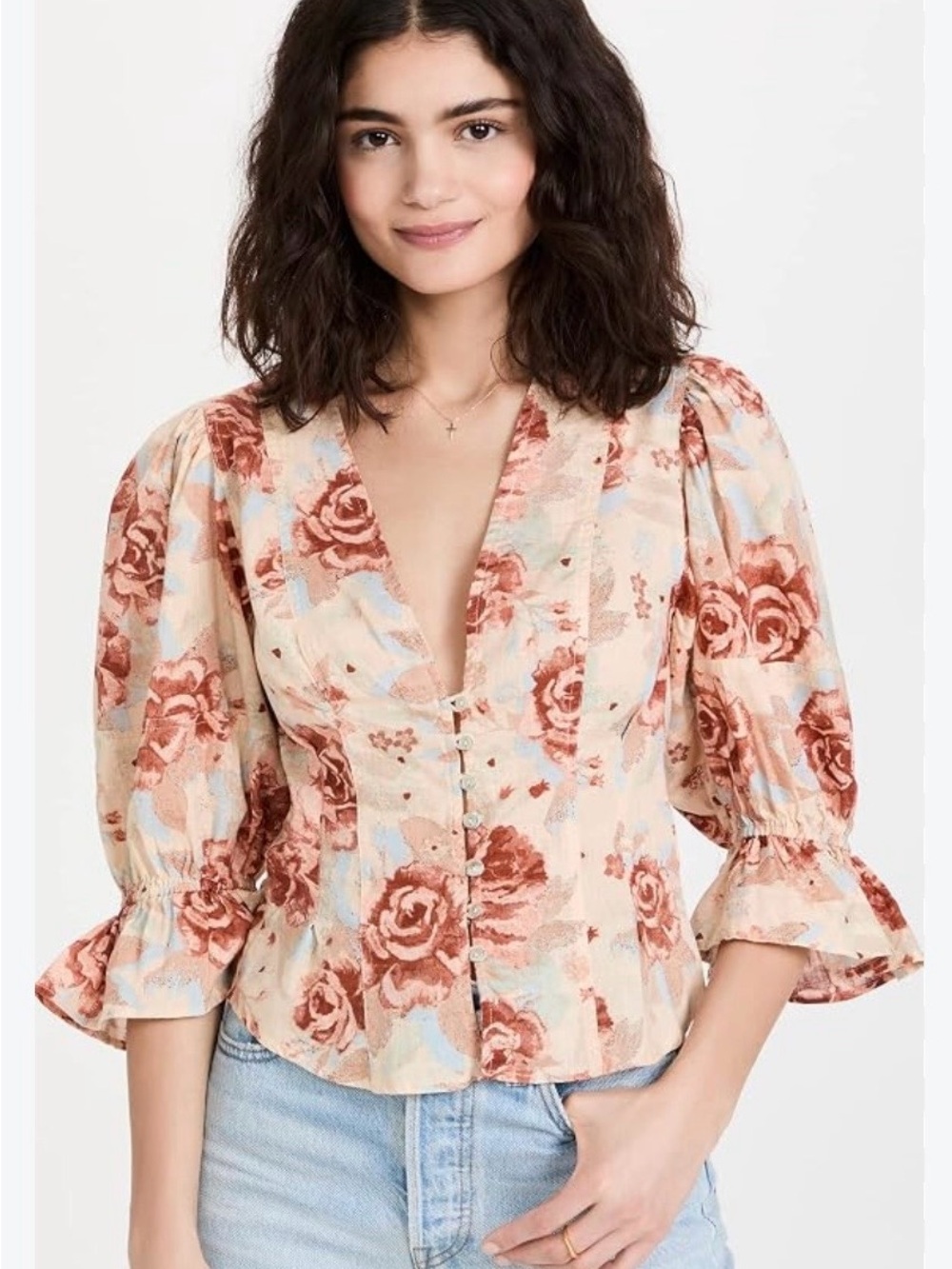 EUC Free People Ivory Floral Top ~ Short Puff Sleeve 100% Cotton ~ Boho ~ M